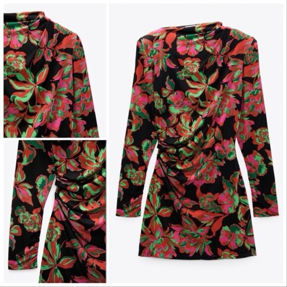 Zara Vibrant Floral Long Sleeve Dress with Draping